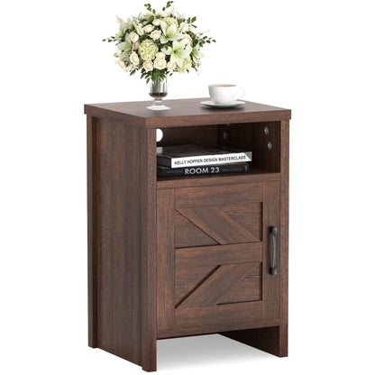 Furmax Farmhouse End Table, Nightstand Set of 2 with Barn Door and Shelf, Side Table for Living Room Bedroom