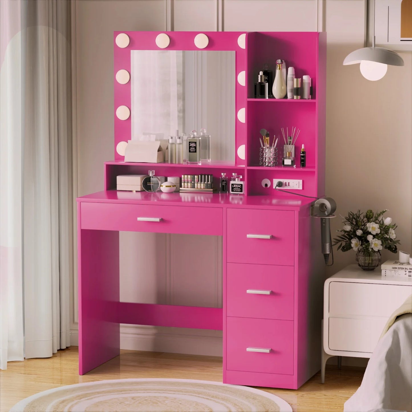 Furmax Vanity Desk with Lights and Mirror Makeup Vanity Table Set with Drawer and Power Outlet