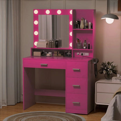 Furmax Vanity Desk with Lights and Mirror Makeup Vanity Table Set with Drawer and Power Outlet