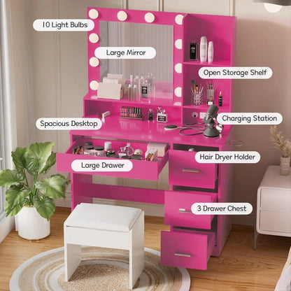 Furmax Vanity Desk with Lights and Mirror Makeup Vanity Table Set with Drawer and Power Outlet