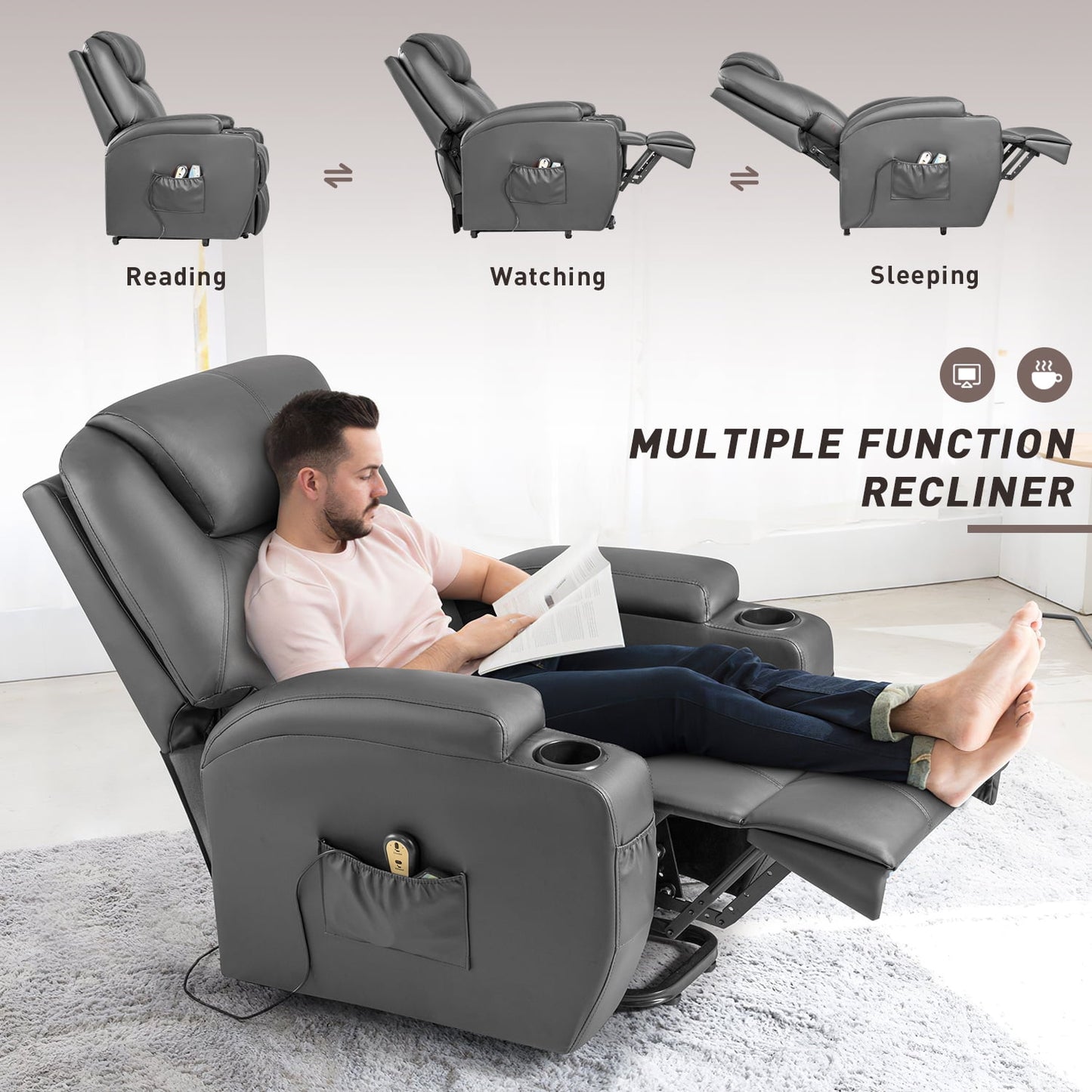 Furmax Electric Reclining Chair Elderly Lift Recliner with Massage and Heating Faux Leather