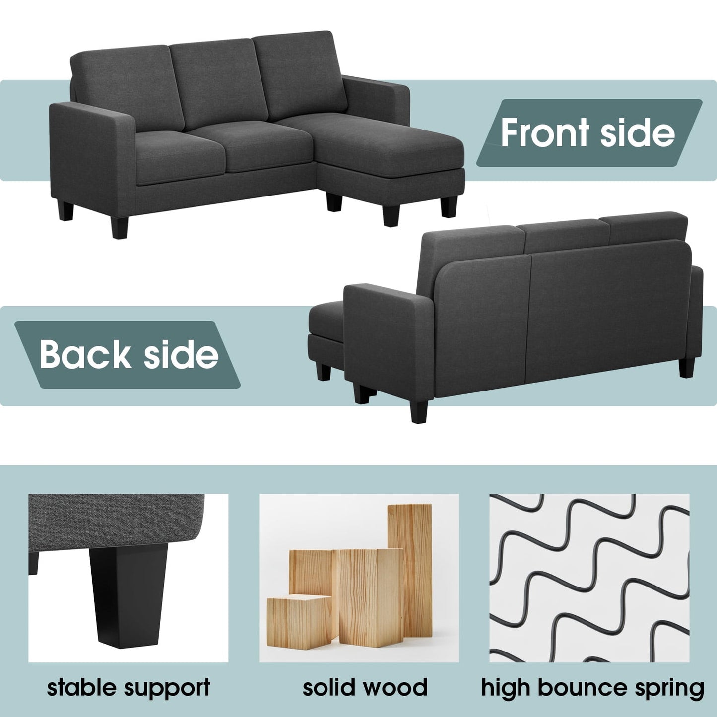 Furmax L-Shaped Sofa Convertible Sectional Sofa 3-Seater Sofa Set with Reversible Chair Linen Fabric Sofa