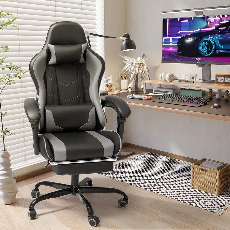 Furmax High Back Massage Gaming Chair with Footrest PU Leather Racing Computer Chair with Lumbar Support Ergonomic Office Chairs, White