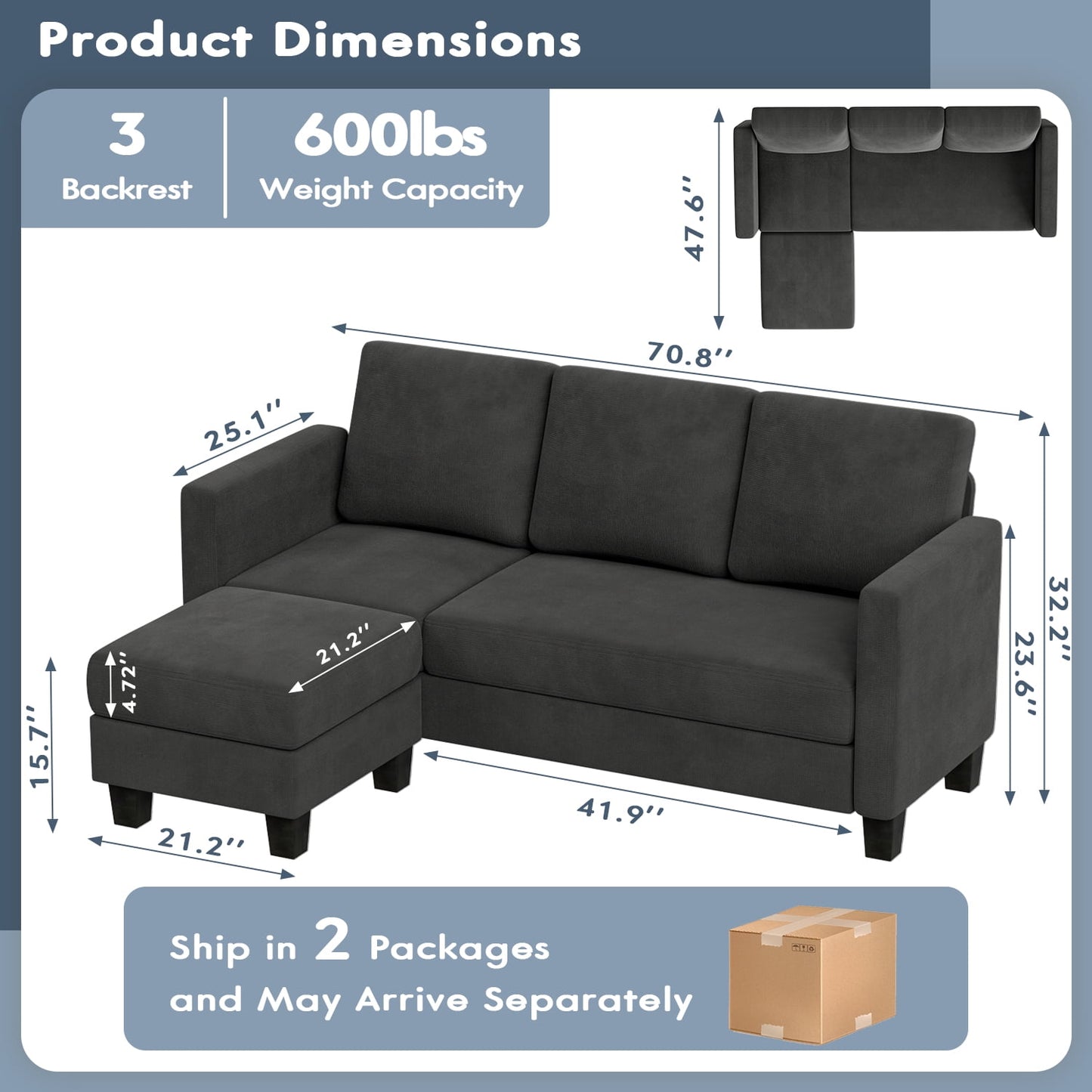 Furmax L-Shaped Sofa Convertible Sectional Sofa 3-Seater Sofa Set with Reversible Chair Linen Fabric Sofa