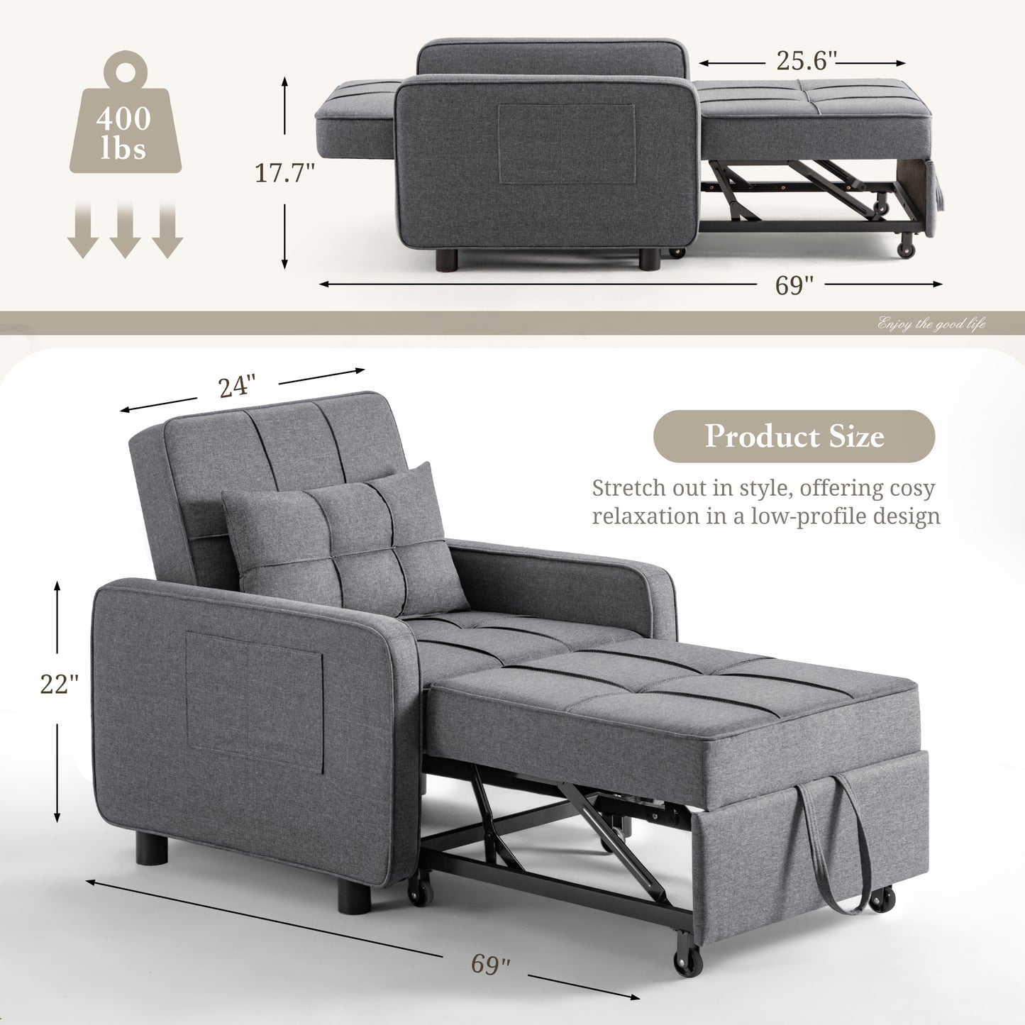 Furmax Adjustable Sofa Chair Bed Convertible Sleeper Sofa Chair 3 in 1 for Living Room