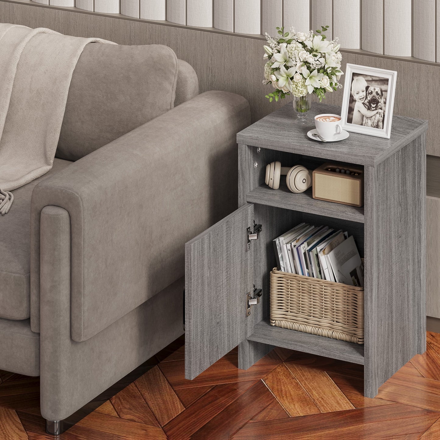 Furmax Farmhouse End Table, Nightstand Set of 2 with Barn Door and Shelf, Side Table for Living Room Bedroom