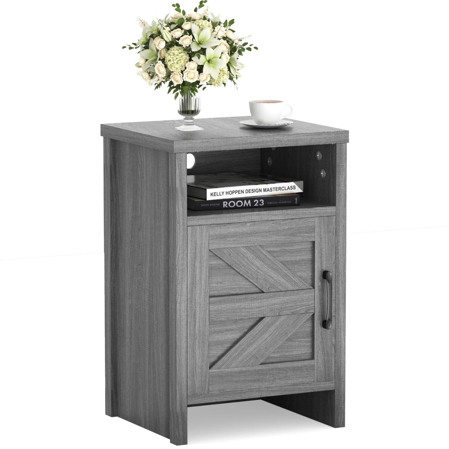 Furmax Farmhouse End Table, Nightstand Set of 2 with Barn Door and Shelf, Side Table for Living Room Bedroom