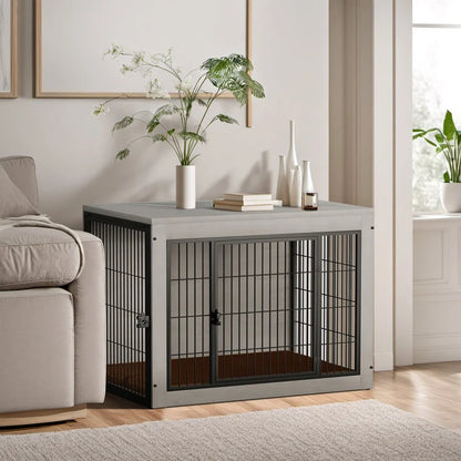 Furmax Wooden Indoor Dog Crate Furniture Double Doors Dog Crate with Thick Cushion