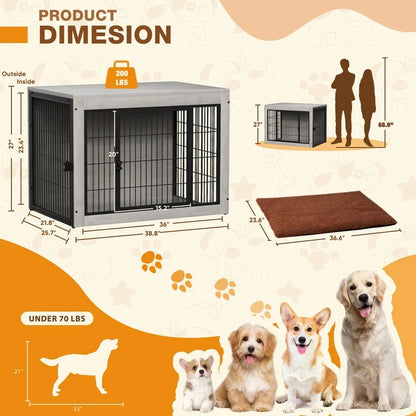 Furmax Wooden Indoor Dog Crate Furniture Double Doors Dog Crate with Thick Cushion