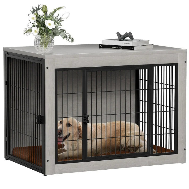 Furmax Wooden Indoor Dog Crate Furniture Double Doors Dog Crate with Thick Cushion