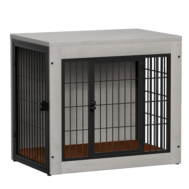Furmax Wooden Indoor Dog Crate Furniture Double Doors Dog Crate with Thick Cushion