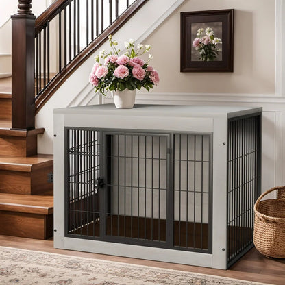 Furmax Wooden Indoor Dog Crate Furniture Double Doors Dog Crate with Thick Cushion