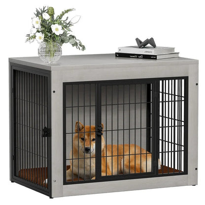 Furmax Wooden Indoor Dog Crate Furniture Double Doors Dog Crate with Thick Cushion