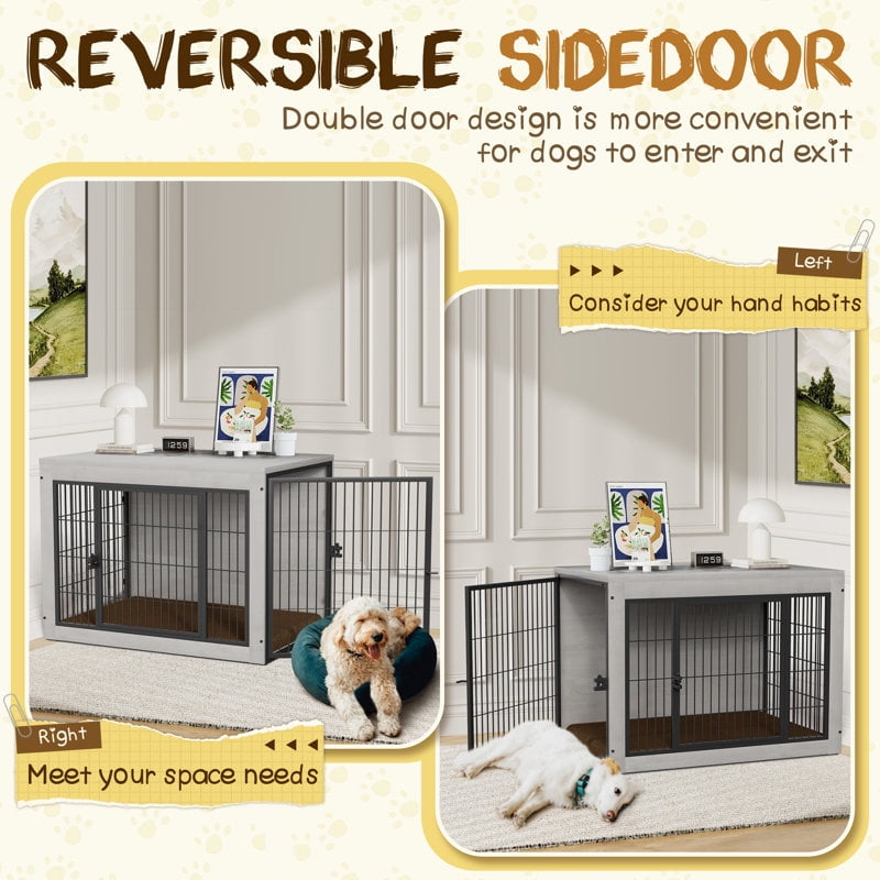 Furmax Wooden Indoor Dog Crate Furniture Double Doors Dog Crate with Thick Cushion