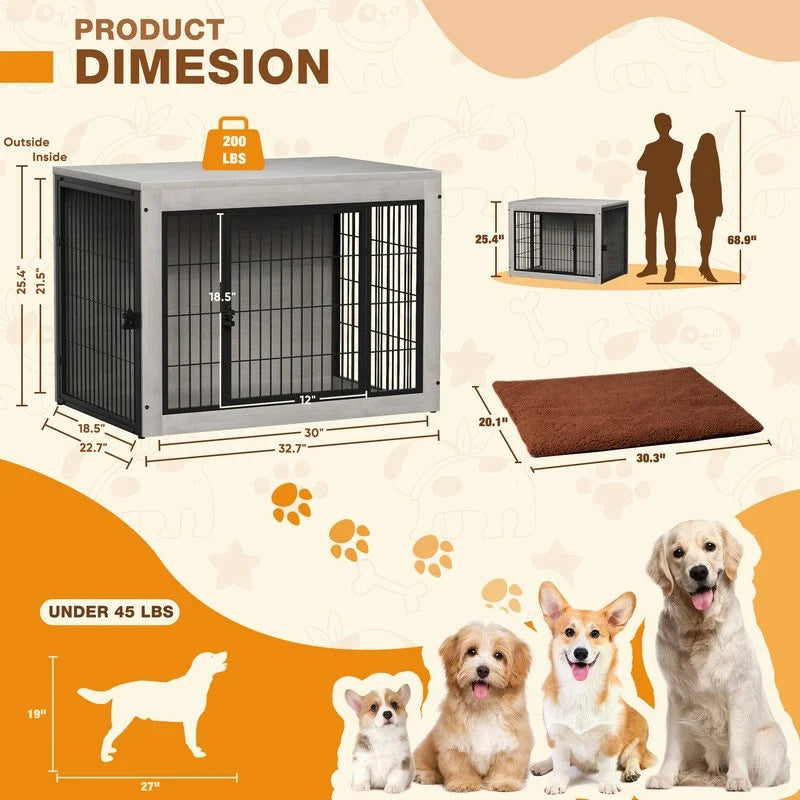 Furmax Wooden Indoor Dog Crate Furniture Double Doors Dog Crate with Thick Cushion