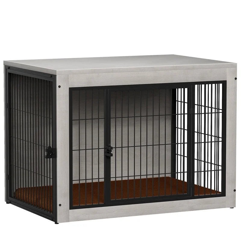 Furmax Wooden Indoor Dog Crate Furniture Double Doors Dog Crate with Thick Cushion