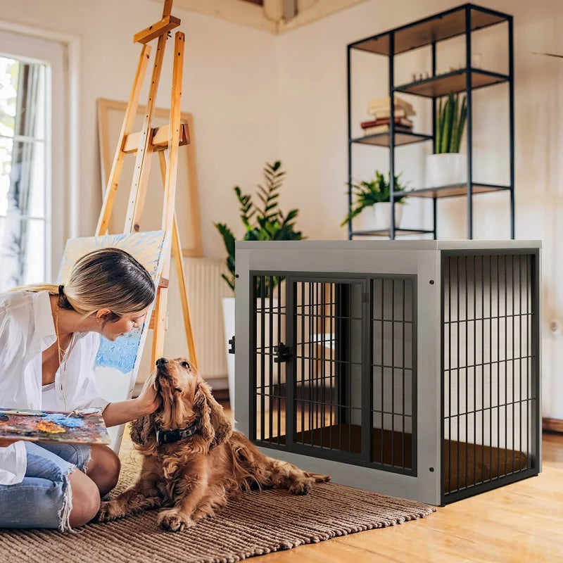 Furmax Wooden Indoor Dog Crate Furniture Double Doors Dog Crate with Thick Cushion