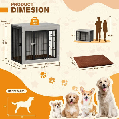 Furmax Wooden Indoor Dog Crate Furniture Double Doors Dog Crate with Thick Cushion
