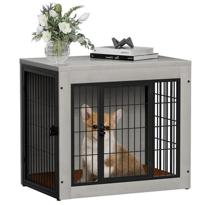 Furmax Wooden Indoor Dog Crate Furniture Double Doors Dog Crate with Thick Cushion