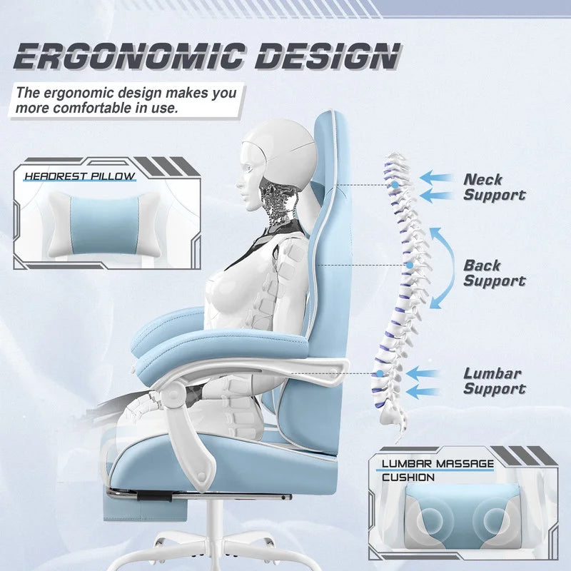Furmax High Back Massage Gaming Chair with Footrest PU Leather Racing Computer Chair with Lumbar Support Ergonomic Office Chairs, White