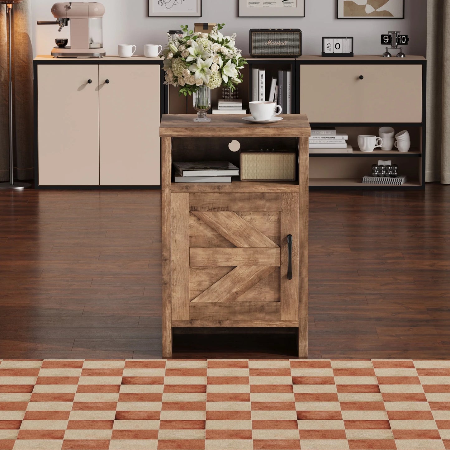 Furmax Farmhouse End Table, Nightstand Set of 2 with Barn Door and Shelf, Side Table for Living Room Bedroom