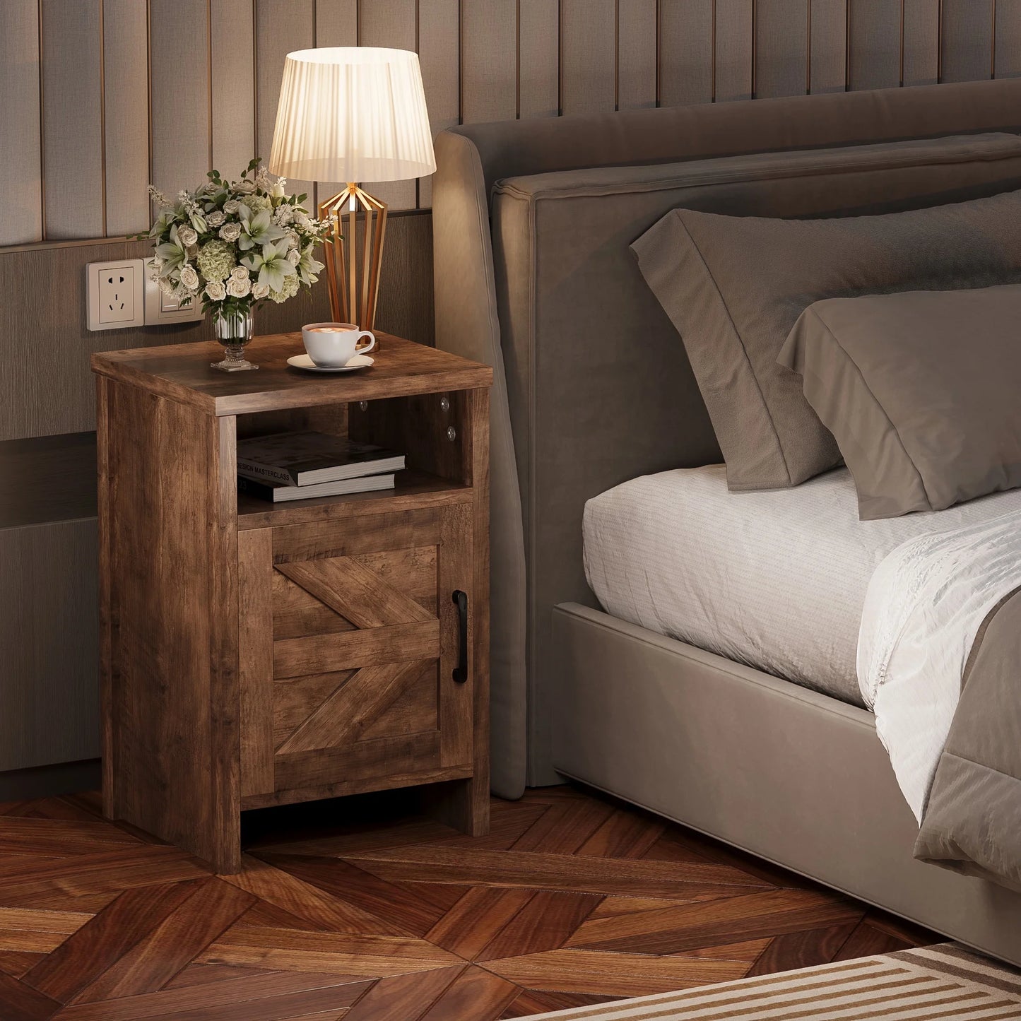 Furmax Farmhouse End Table, Nightstand Set of 2 with Barn Door and Shelf, Side Table for Living Room Bedroom