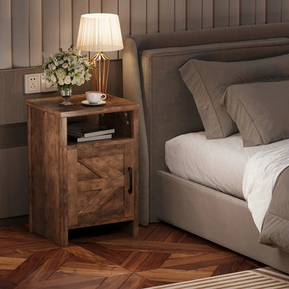 Furmax Farmhouse End Table, Nightstand Set of 2 with Barn Door and Shelf, Side Table for Living Room Bedroom
