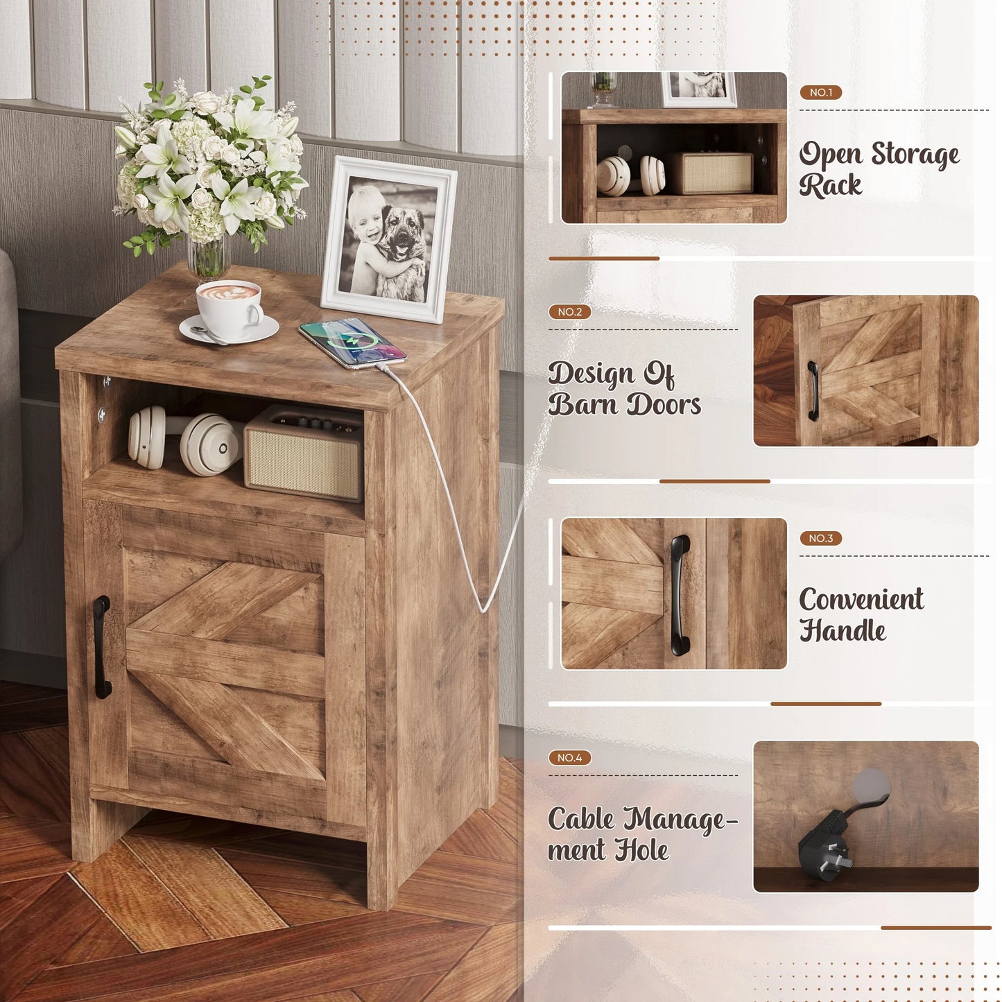 Furmax Farmhouse End Table, Nightstand Set of 2 with Barn Door and Shelf, Side Table for Living Room Bedroom
