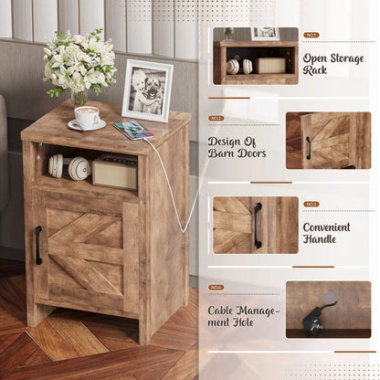 Furmax Farmhouse End Table, Nightstand Set of 2 with Barn Door and Shelf, Side Table for Living Room Bedroom