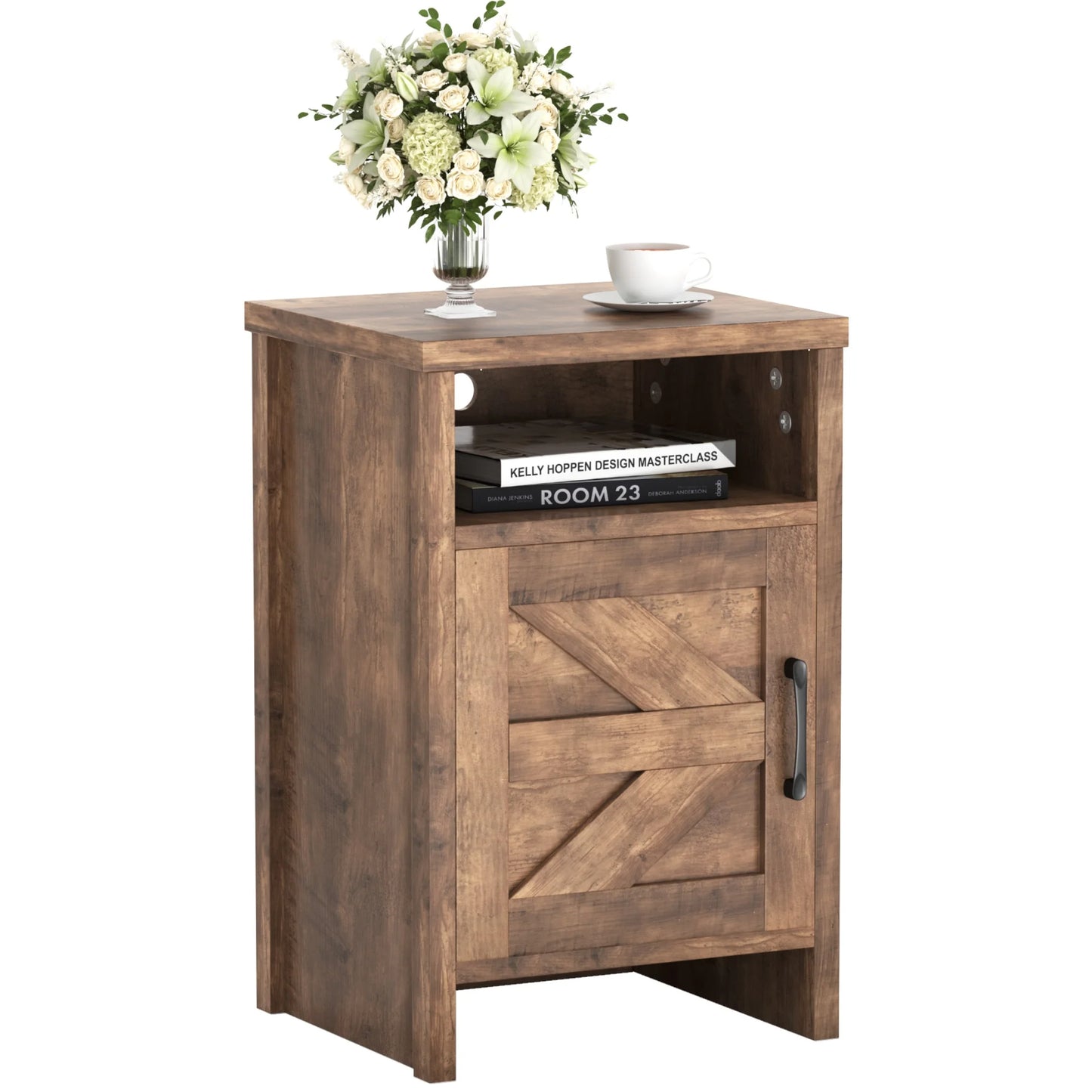 Furmax Farmhouse End Table, Nightstand Set of 2 with Barn Door and Shelf, Side Table for Living Room Bedroom