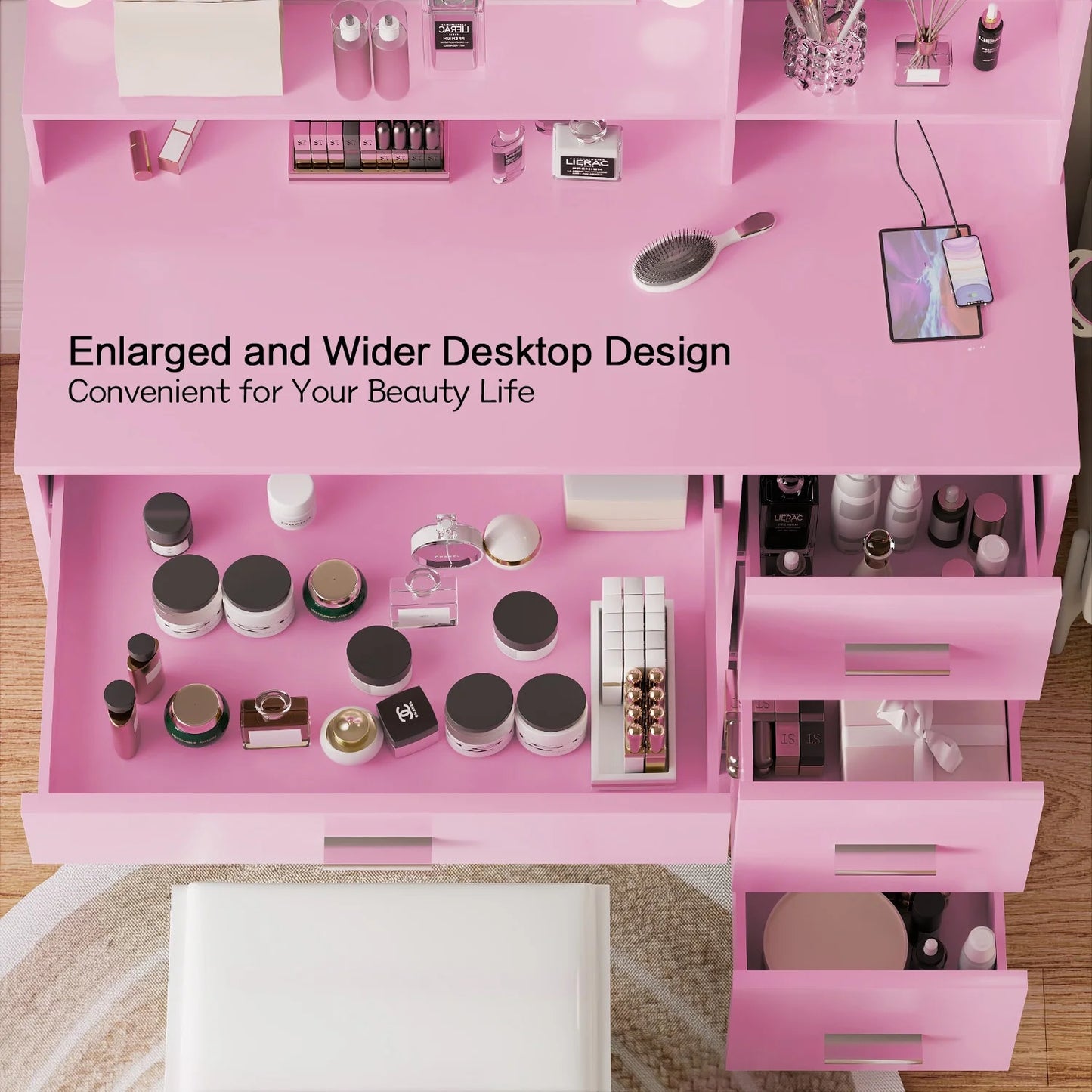 Furmax Vanity Desk with Lights and Mirror Makeup Vanity Table Set with Drawer and Power Outlet