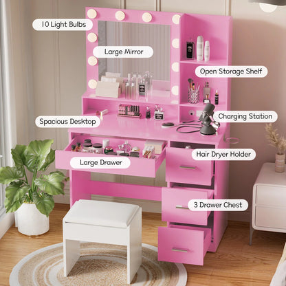 Furmax Vanity Desk with Lights and Mirror Makeup Vanity Table Set with Drawer and Power Outlet