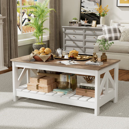 Furmax 39" Farmhouse Coffee Table for Living Room, 2-Tier Modern Living Room Center Table with Storage Shelf, Space Saving Home Furniture
