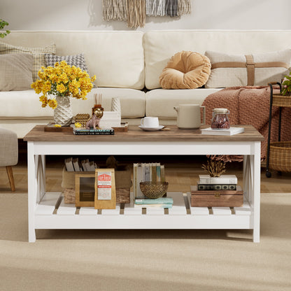 Furmax 39" Farmhouse Coffee Table for Living Room, 2-Tier Modern Living Room Center Table with Storage Shelf, Space Saving Home Furniture