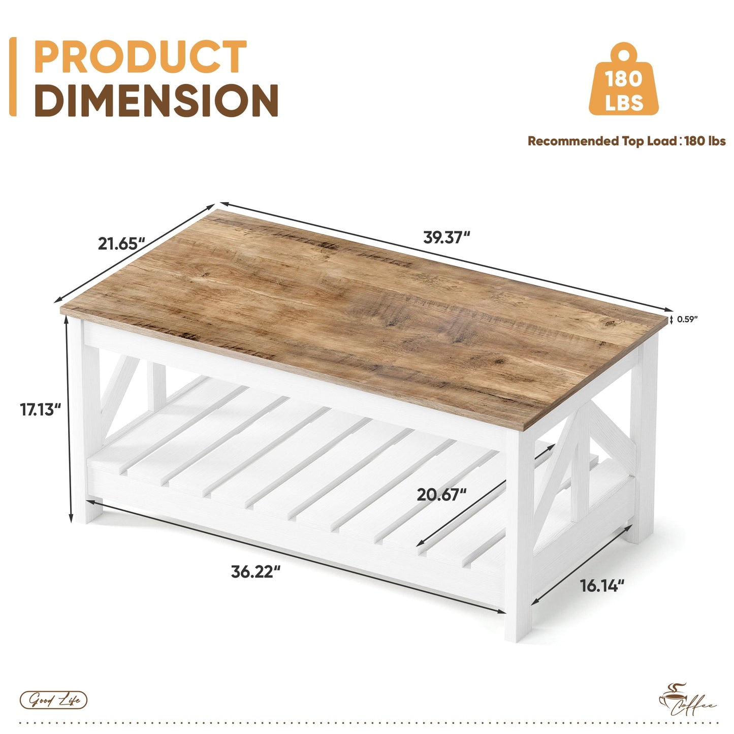 Furmax 39" Farmhouse Coffee Table for Living Room, 2-Tier Modern Living Room Center Table with Storage Shelf, Space Saving Home Furniture
