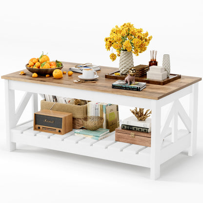 Furmax 39" Farmhouse Coffee Table for Living Room, 2-Tier Modern Living Room Center Table with Storage Shelf, Space Saving Home Furniture