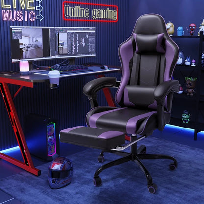 Furmax High Back Massage Gaming Chair with Footrest PU Leather Racing Computer Chair with Lumbar Support Ergonomic Office Chairs, White