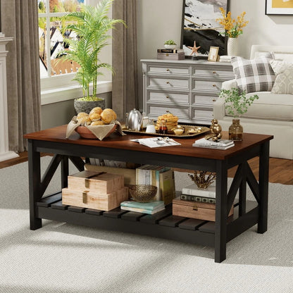 Furmax 39" Farmhouse Coffee Table for Living Room, 2-Tier Modern Living Room Center Table with Storage Shelf, Space Saving Home Furniture
