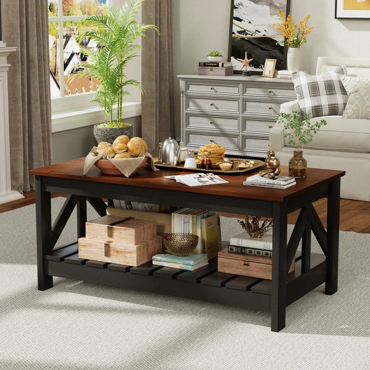 Furmax 39" Farmhouse Coffee Table for Living Room, 2-Tier Modern Living Room Center Table with Storage Shelf, Space Saving Home Furniture