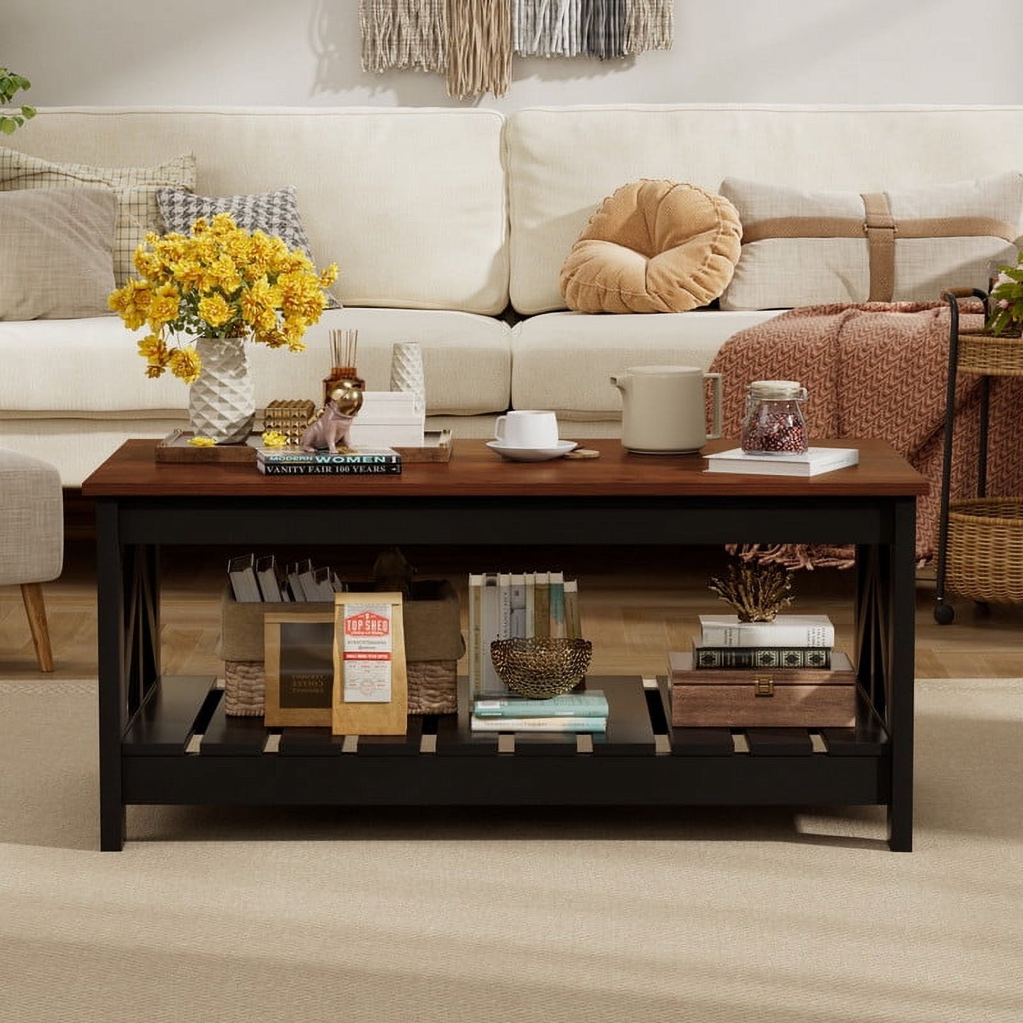 Furmax 39" Farmhouse Coffee Table for Living Room, 2-Tier Modern Living Room Center Table with Storage Shelf, Space Saving Home Furniture