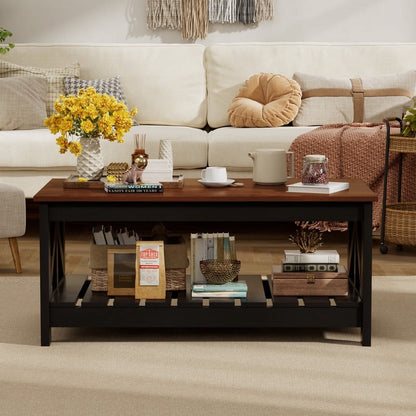 Furmax 39" Farmhouse Coffee Table for Living Room, 2-Tier Modern Living Room Center Table with Storage Shelf, Space Saving Home Furniture