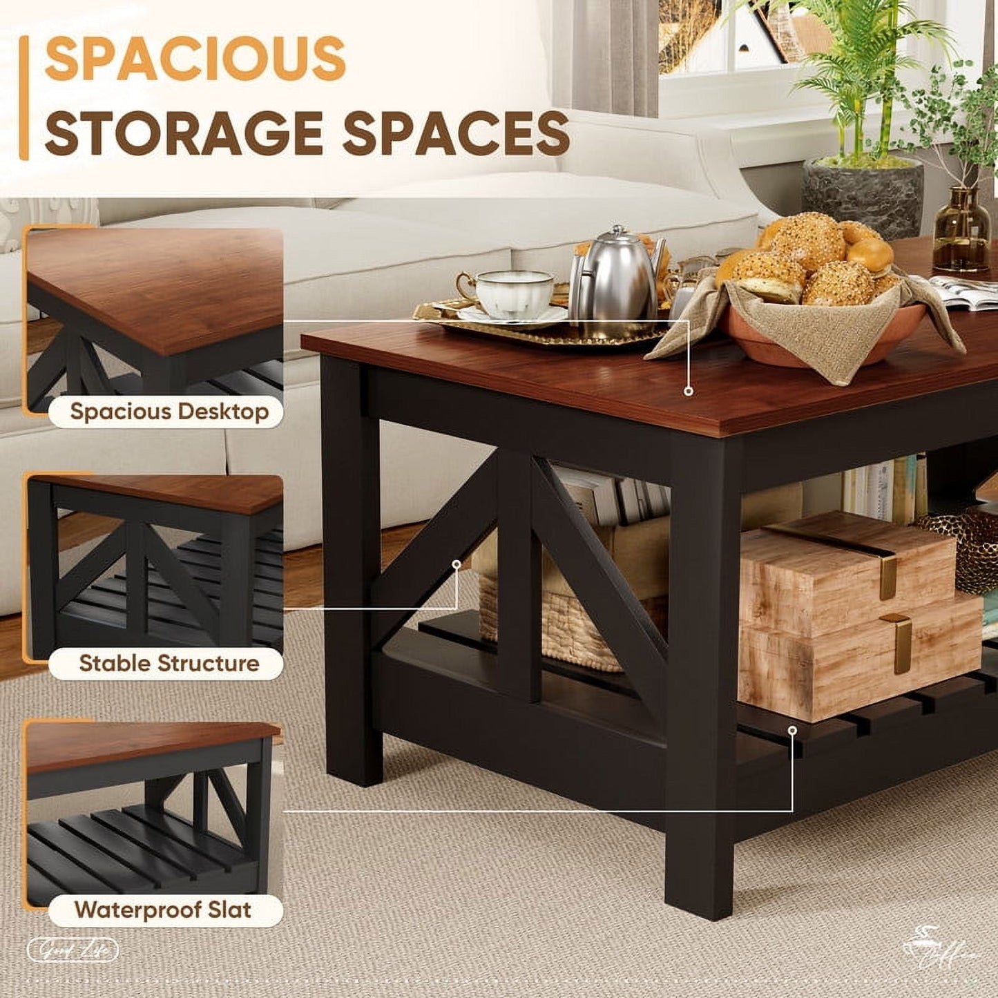 Furmax 39" Farmhouse Coffee Table for Living Room, 2-Tier Modern Living Room Center Table with Storage Shelf, Space Saving Home Furniture