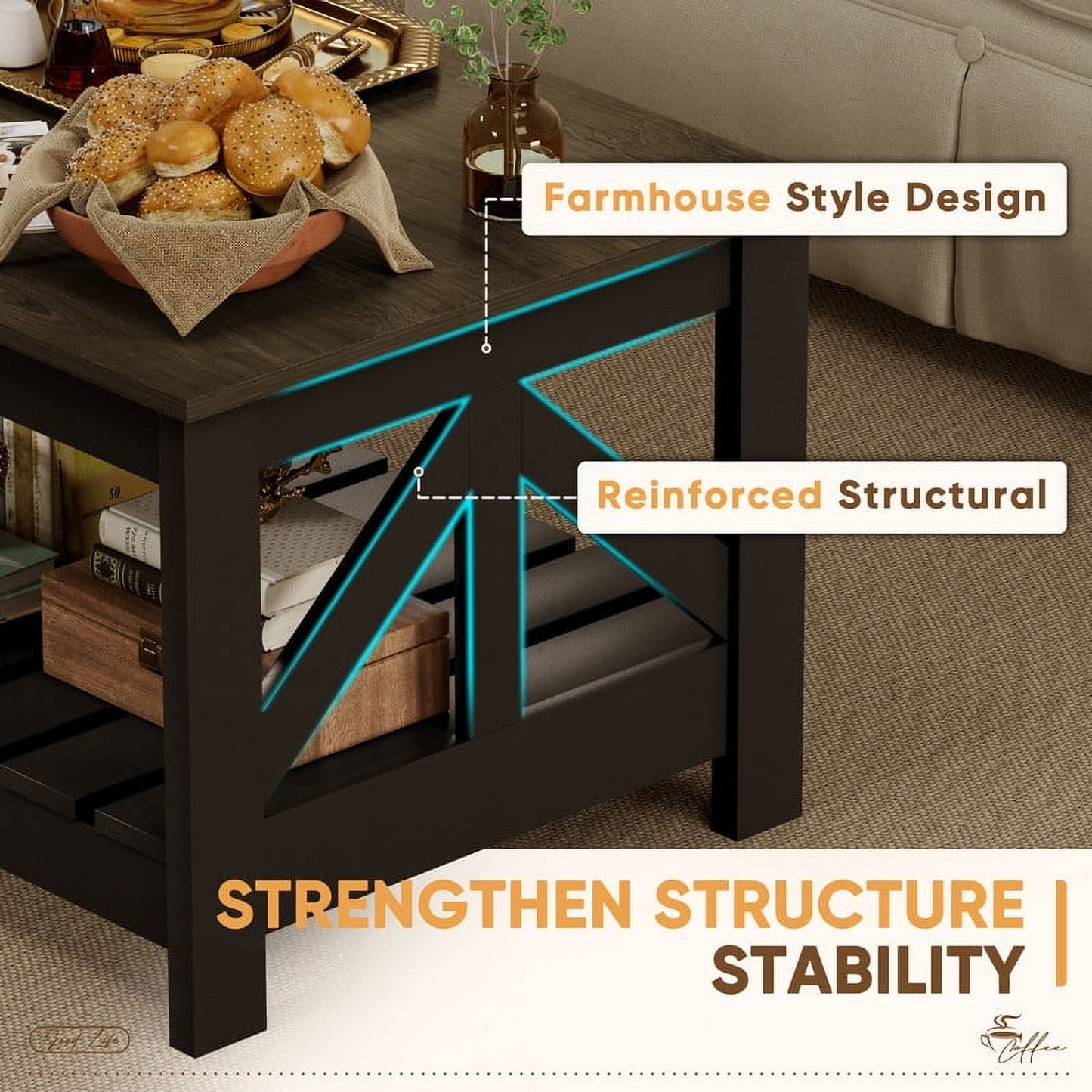 Furmax 39" Farmhouse Coffee Table for Living Room, 2-Tier Modern Living Room Center Table with Storage Shelf, Space Saving Home Furniture