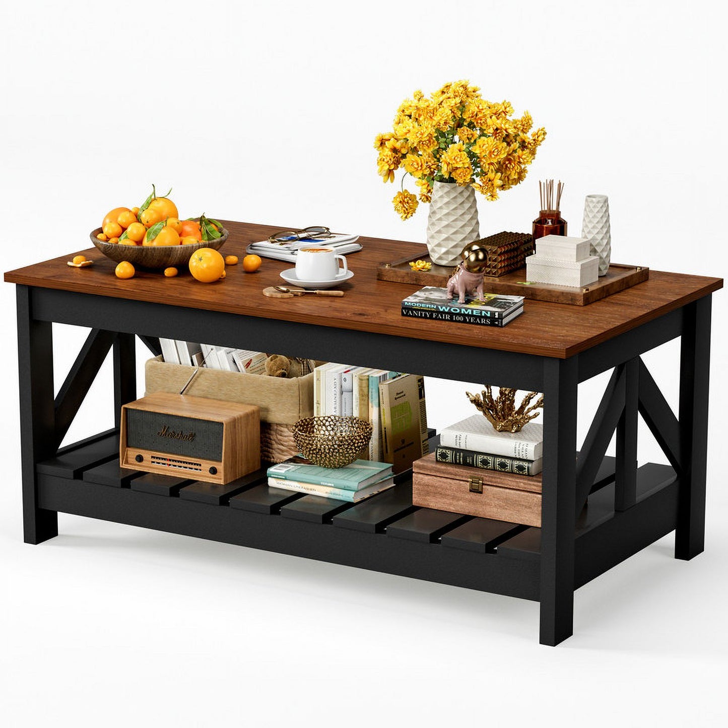 Furmax 39" Farmhouse Coffee Table for Living Room, 2-Tier Modern Living Room Center Table with Storage Shelf, Space Saving Home Furniture