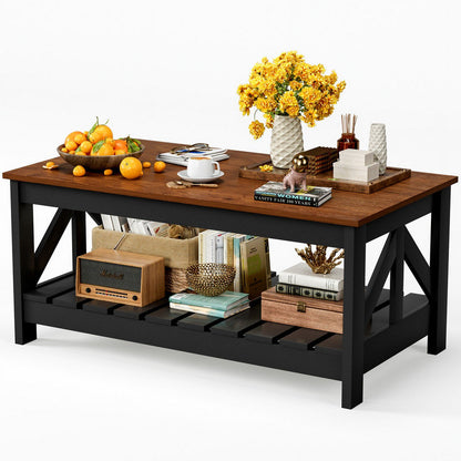 Furmax 39" Farmhouse Coffee Table for Living Room, 2-Tier Modern Living Room Center Table with Storage Shelf, Space Saving Home Furniture