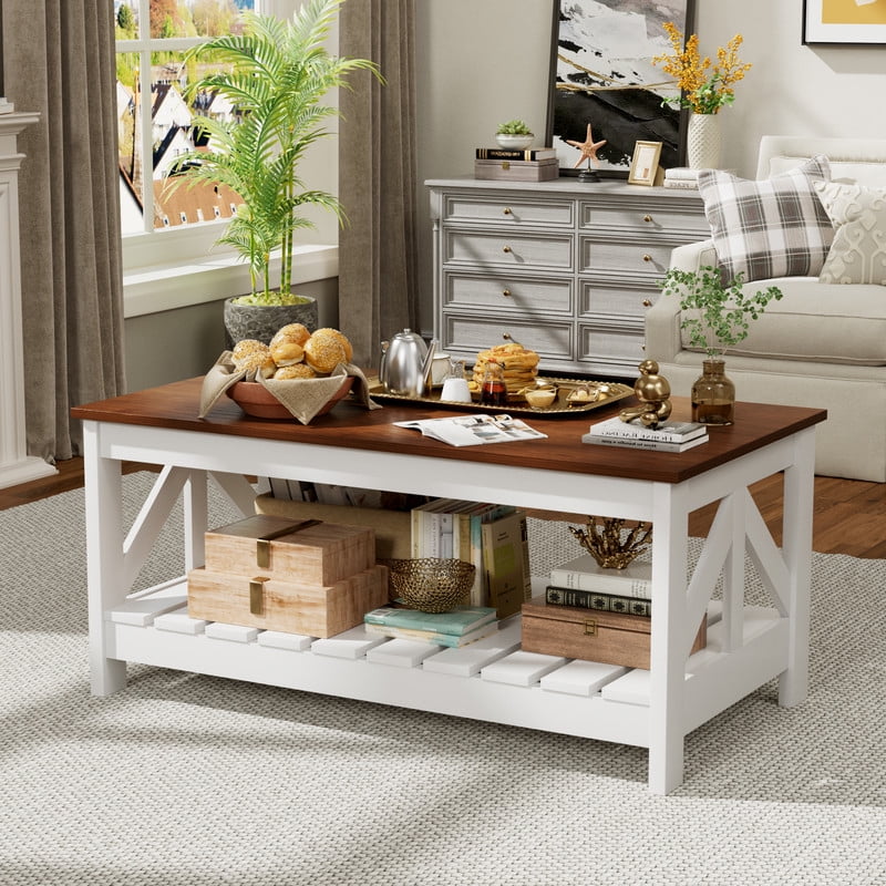 Furmax 39" Farmhouse Coffee Table for Living Room, 2-Tier Modern Living Room Center Table with Storage Shelf, Space Saving Home Furniture