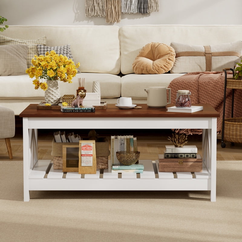 Furmax 39" Farmhouse Coffee Table for Living Room, 2-Tier Modern Living Room Center Table with Storage Shelf, Space Saving Home Furniture