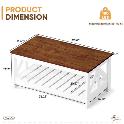 Furmax 39" Farmhouse Coffee Table for Living Room, 2-Tier Modern Living Room Center Table with Storage Shelf, Space Saving Home Furniture