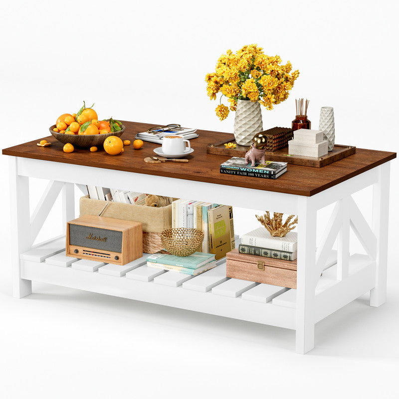 Furmax 39" Farmhouse Coffee Table for Living Room, 2-Tier Modern Living Room Center Table with Storage Shelf, Space Saving Home Furniture