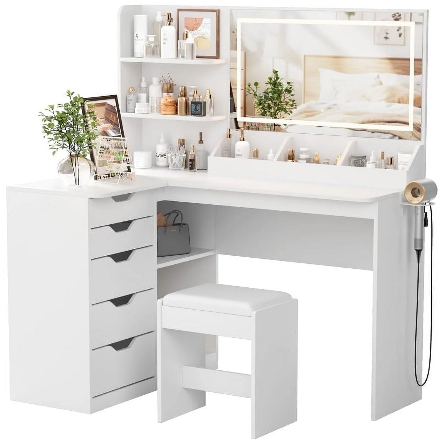 Furmax L Shaped Vanity Desk Set Corner Makeup Vanity Set with Adjustable LED Lighted Mirror & Power Outlets Dressing Table with Organizers, and Cushioned Stool